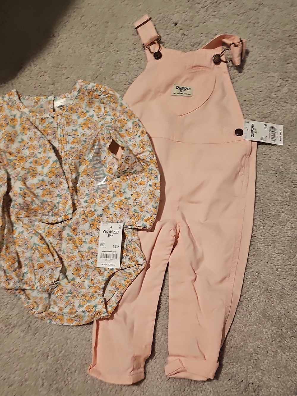 OshKosh B'gosh Light Pink Overalls with Floral Bodysuit